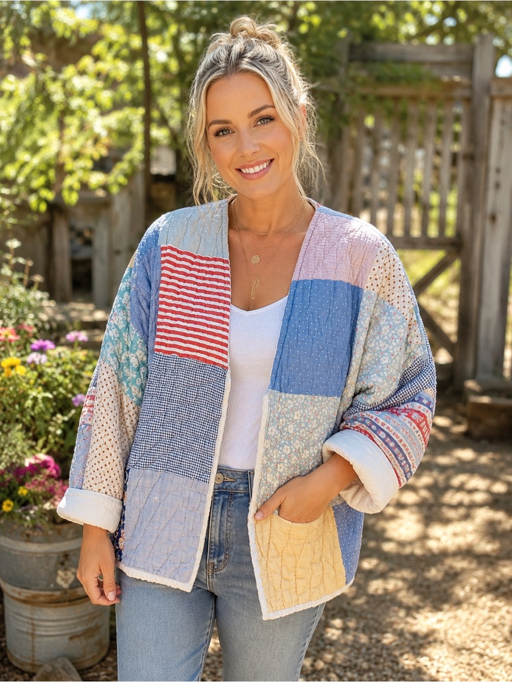 Patchwork Quilted Open-Front Jacket - Pastel Multi - Cottagecore Boho Look